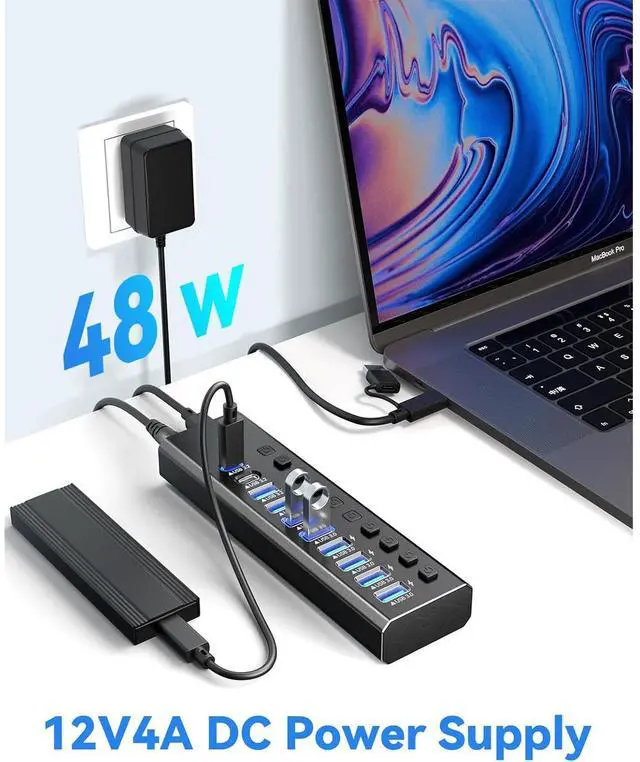 Alt view image 4 of 7 - AUTYUE Powered USB Hub 3.2, 10-Port USB 3.2/USB C Hub (10Gbps USB-A 3.2 +2 USB-C 3.2 +7 USB 3.0 Ports) with Individual On/Off Switches and 12 V Power Adapter, Aluminium USB Hub Powered for Laptop PC