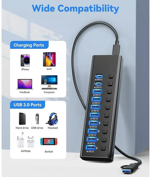 Alt view image 7 of 7 - AUTYUE Powered USB Hub 3.2, 10-Port USB 3.2/USB C Hub (10Gbps USB-A 3.2 +2 USB-C 3.2 +7 USB 3.0 Ports) with Individual On/Off Switches and 12 V Power Adapter, Aluminium USB Hub Powered for Laptop PC