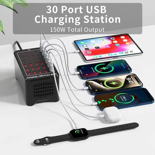Alt view image 2 of 7 - AUTYUE 150W(30A) (15 USB A + 15 USB C) USB Charging Station, 30-Port USB C Charger Block, Multiple Desktop/Wall Fast Charger with Intelligent Protection Compatible with i-Phone, Tablets, Smartphones