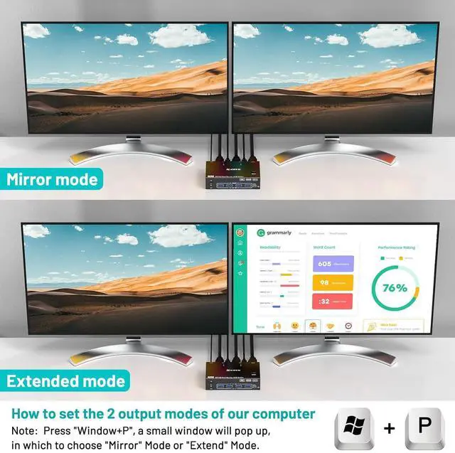 Alt view image 4 of 7 - AUTYUE HDMI + Displayport KVM Switch 2 Monitors 2 Computers 8K@60Hz 4K@144Hz, Dual Monitor KVM Switches with 4 USB 3.0 Ports for Keyboard Mouse Printer, Wired Remote, Power Adapter, USB Cable Included