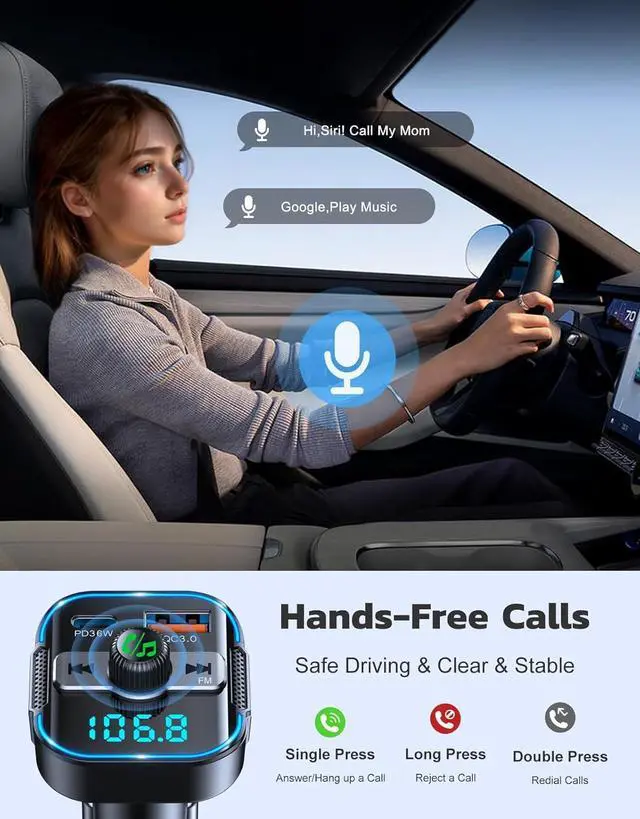 Alt view image 5 of 7 - AUTYUE Upgrade Bluetooth 5.3 Car Adapter [PD 36W+QC3.0 18W], 2-in-1 FM Transmitter  [Dual Stronger Mics] & Fast Car Charger, Wireless FM Radio Adapter Hands-Free Call, Siri Assistant