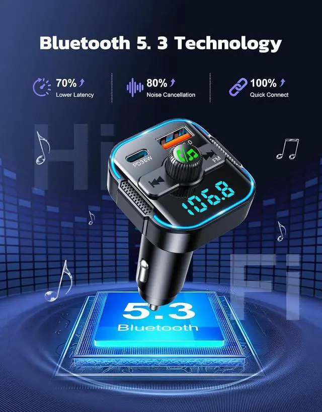 Alt view image 3 of 7 - AUTYUE Upgrade Bluetooth 5.3 Car Adapter [PD 36W+QC3.0 18W], 2-in-1 FM Transmitter  [Dual Stronger Mics] & Fast Car Charger, Wireless FM Radio Adapter Hands-Free Call, Siri Assistant
