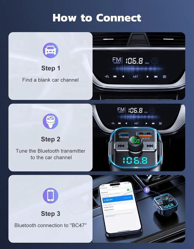 Alt view image 6 of 7 - AUTYUE Upgrade Bluetooth 5.3 Car Adapter [PD 36W+QC3.0 18W], 2-in-1 FM Transmitter  [Dual Stronger Mics] & Fast Car Charger, Wireless FM Radio Adapter Hands-Free Call, Siri Assistant
