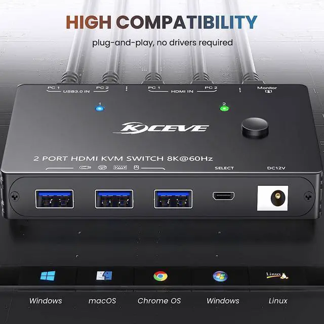 Alt view image 5 of 7 - AUTYUE HDMI 2.1 KVM Switch 8K@60Hz 4K@120Hz, 2 Port HDMI KVM Switch for 2 Computers Share 1 Monitor and 3 USB 3.0 Devices, HDCP 2.3, HDR 10, with Wired Remote and USB 3.0 Cables