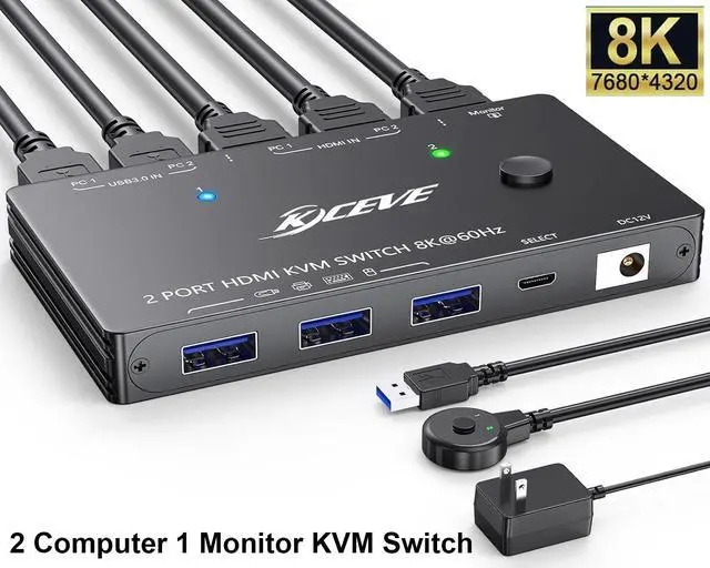 Main image of AUTYUE HDMI 2.1 KVM Switch 8K@60Hz 4K@120Hz, 2 Port HDMI KVM Switch for 2 Computers Share 1 Monitor and 3 USB 3.0 Devices, HDCP 2.3, HDR 10, with Wired Remote and USB 3.0 Cables