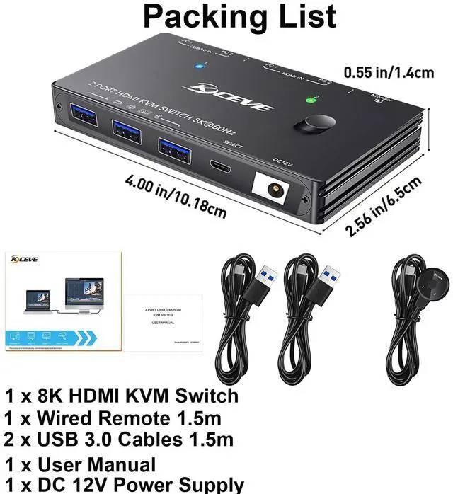 Alt view image 7 of 7 - AUTYUE HDMI 2.1 KVM Switch 8K@60Hz 4K@120Hz, 2 Port HDMI KVM Switch for 2 Computers Share 1 Monitor and 3 USB 3.0 Devices, HDCP 2.3, HDR 10, with Wired Remote and USB 3.0 Cables