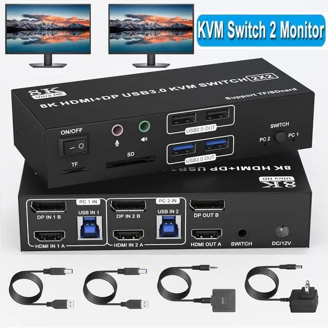 Main image of AUTYUE Displayport + HDMI KVM Switch 2 Monitors 2 Computers, 8K@60Hz 4K@120Hz Dual Monitor HDMI + DP KVM Switcher for 2 Computers Share Dual Monitor, 4 USB Devices, Audio Microphone and SD TF Card