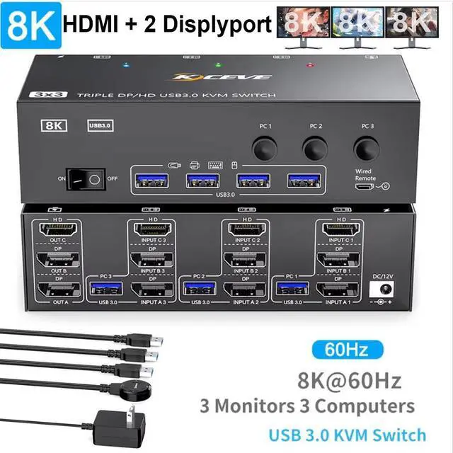 Main image of AUTYUE KVM Switch 3 Monitors 3 Computers, 8K@60Hz/4k@144Hz HDMI + 2 Displayport Triple Monitor KVM Switches for 3 PCs Share 3 Displays and 4 USB 3.0 Devices, Included USB Cables and Wired Remote