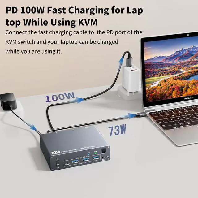 Alt view image 4 of 7 - AUTYUE USB C KVM Switch 4K@60Hz, Dual Monitor USB C HDMI KVM Switch for 1 PC and 1 Laptop Sharing 2 Monitors and 4 USB3.0 Devices, PD Power for Laptop with Wired Remote Control and USB Cables Included