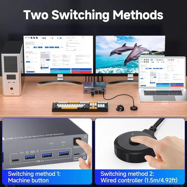 Alt view image 5 of 7 - AUTYUE USB C KVM Switch 4K@60Hz, Dual Monitor USB C HDMI KVM Switch for 1 PC and 1 Laptop Sharing 2 Monitors and 4 USB3.0 Devices, PD Power for Laptop with Wired Remote Control and USB Cables Included