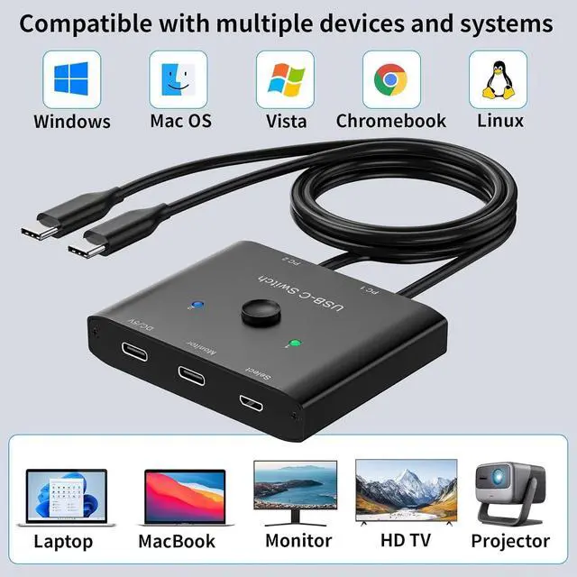 Alt view image 5 of 7 - AUTYUE USB C Switch, Bi-Directional USB C Switcher 2 Computers, Type C KVM Switch 8K@60Hz 4K@120Hz Video/10Gbps Data Transfer/100W Charging, Compatible with Thunderbolt Device, 2 USB-C Cables Included
