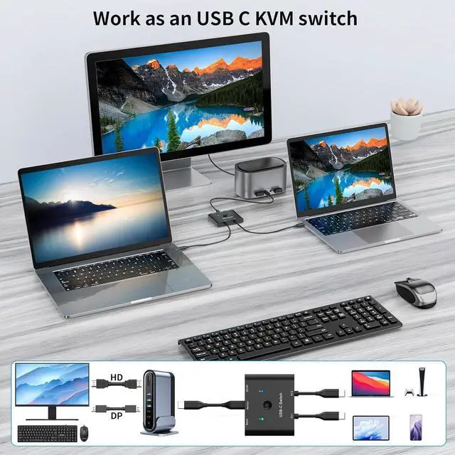 Alt view image 3 of 7 - AUTYUE USB C Switch, Bi-Directional USB C Switcher 2 Computers, Type C KVM Switch 8K@60Hz 4K@120Hz Video/10Gbps Data Transfer/100W Charging, Compatible with Thunderbolt Device, 2 USB-C Cables Included