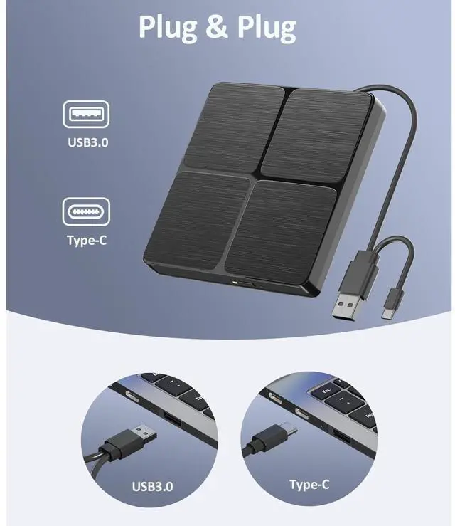 Alt view image 3 of 7 - AUTYUE External Blu ray Drive for Laptops, USB 3.0 & Type C Bluray Burner, External Blue-ray CD/DVD Drive for PC, External CD DVD Blu Ray Player Compatible with Windows XP/7/8/10/11, Linux, Mac OS