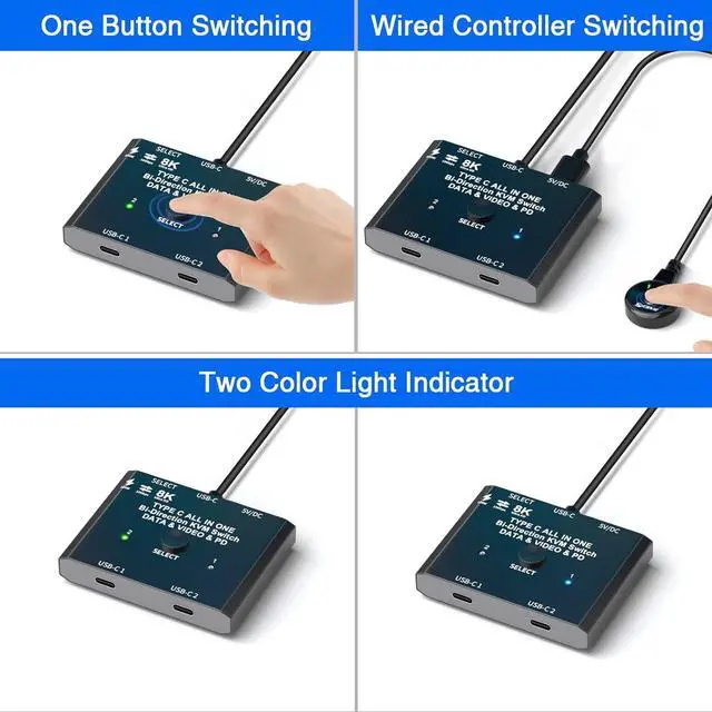 Alt view image 6 of 7 - AUTYUE USB C Switch 2 in 1 Out/1 in 2 Out Bi-Directional USB C Switcher Selector for 2 Laptops Share 1 USB Device, 8K@60Hz/10Gbps Data Transfer and 100W PD Charging, Wired Control and 2 USB C Cables