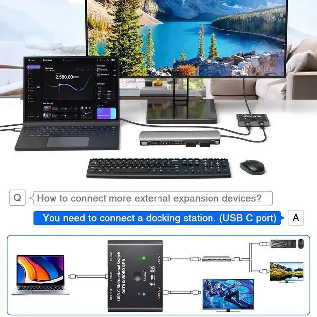 Alt view image 4 of 7 - AUTYUE USB C Switch 2 in 1 Out/1 in 2 Out Bi-Directional USB C Switcher Selector for 2 Laptops Share 1 USB Device, 8K@60Hz/10Gbps Data Transfer and 100W PD Charging, Wired Control and 2 USB C Cables