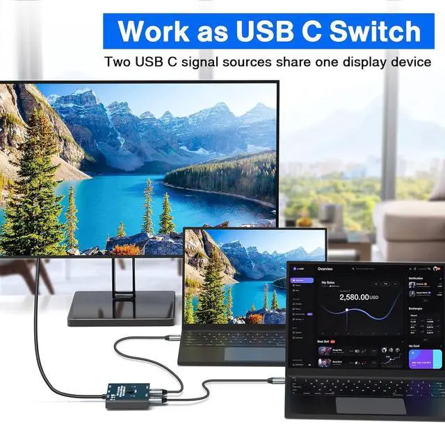 Alt view image 2 of 7 - AUTYUE USB C Switch 2 in 1 Out/1 in 2 Out Bi-Directional USB C Switcher Selector for 2 Laptops Share 1 USB Device, 8K@60Hz/10Gbps Data Transfer and 100W PD Charging, Wired Control and 2 USB C Cables