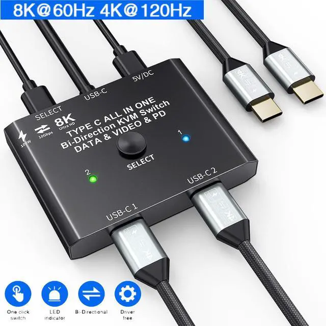 Main image of AUTYUE USB C Switch 2 in 1 Out/1 in 2 Out Bi-Directional USB C Switcher Selector for 2 Laptops Share 1 USB Device, 8K@60Hz/10Gbps Data Transfer and 100W PD Charging, Wired Control and 2 USB C Cables