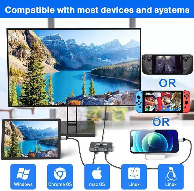 Alt view image 7 of 7 - AUTYUE USB C Switch 2 in 1 Out/1 in 2 Out Bi-Directional USB C Switcher Selector for 2 Laptops Share 1 USB Device, 8K@60Hz/10Gbps Data Transfer and 100W PD Charging, Wired Control and 2 USB C Cables