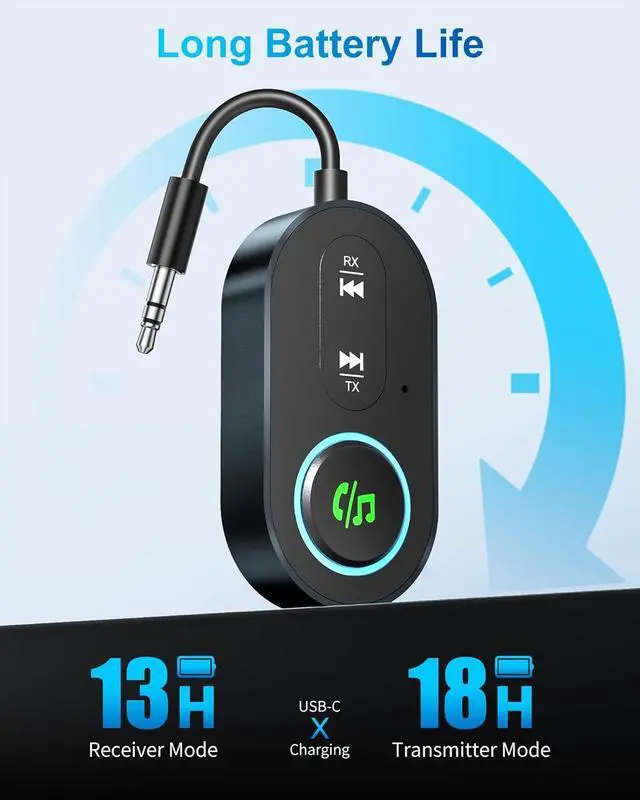 Alt view image 3 of 7 - AUTYUE Upgraded Bluetooth 5.3 Transmitter Receiver, 2-in-1 Airplane Bluetooth Adapter, Compatible with 2 AirPods or Wireless Headphones, with 3.5mm Aux Audio Jack for Home Stereo, Airplane, Car
