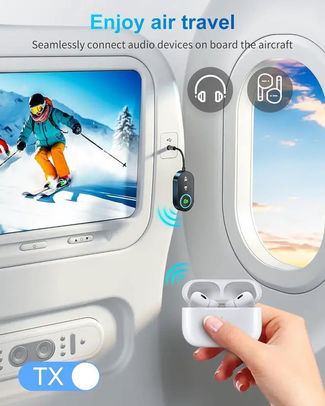 Alt view image 4 of 7 - AUTYUE Upgraded Bluetooth 5.3 Transmitter Receiver, 2-in-1 Airplane Bluetooth Adapter, Compatible with 2 AirPods or Wireless Headphones, with 3.5mm Aux Audio Jack for Home Stereo, Airplane, Car