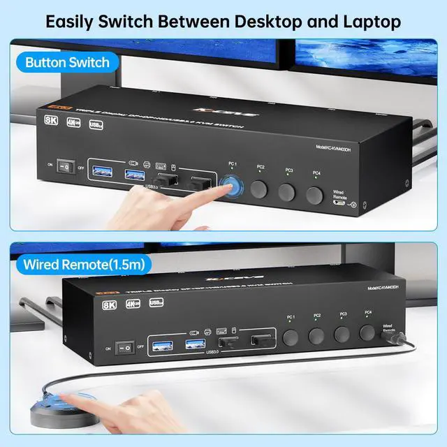 Alt view image 6 of 7 - AUTYUE KVM Switch 3 Monitors 4 Computers 8K@60Hz 4K@144Hz,HDMI +2 Displayport Triple Monitor KVM Switch with 4 USB Ports for Keyboard Mouse,Support Extended/Copy Mode, with Wired Remote & 4 USB Cables