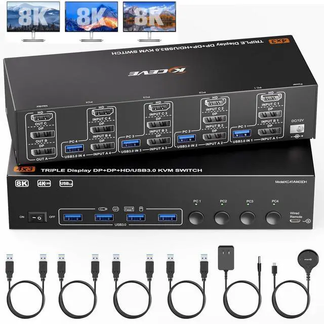 Main image of AUTYUE KVM Switch 3 Monitors 4 Computers 8K@60Hz 4K@144Hz,HDMI +2 Displayport Triple Monitor KVM Switch with 4 USB Ports for Keyboard Mouse,Support Extended/Copy Mode, with Wired Remote & 4 USB Cables