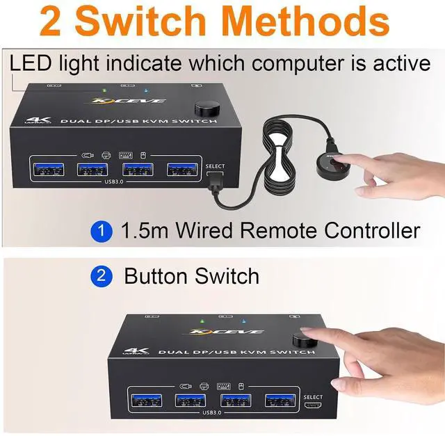 Alt view image 5 of 7 - AUTYUE Displayport KVM Switch 2 Monitors 2 Computers 8K@30Hz 4K@144Hz, 2 in 2 Out Displayport KVM Switch Dual Monitor for 2 Computer Share 2 Monitor and 4 USB 3.0 Devices, with Wired Remote, USB Cable