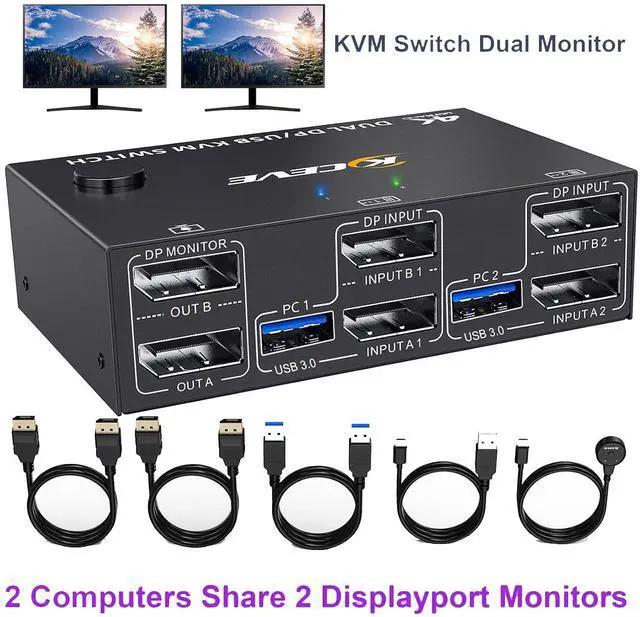 Main image of AUTYUE Displayport KVM Switch 2 Monitors 2 Computers 8K@30Hz 4K@144Hz, 2 in 2 Out Displayport KVM Switch Dual Monitor for 2 Computer Share 2 Monitor and 4 USB 3.0 Devices, with Wired Remote, USB Cable