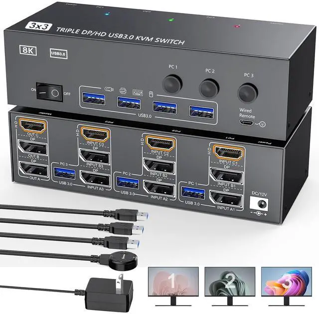 Main image of AUTYUE 2 Displayport + HDMI USB 3.0 KVM Switch 3 Monitors 3 Computers, 8K@60Hz,4K@144Hz Triple Monitor KVM with 4 USB 3.0 Ports,Keyboard Mouse Switcher, Wired Remote,Power Adapter&USB Cables Included