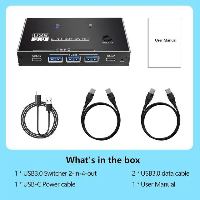 Alt view image 7 of 7 - AUTYUE 2 in 4 Out USB Switcher 2 Computers Sharing 4 Port Devices, 5Gbps USB 3.0 Switch, Plug and Play, Aluminum USB3.0 Switch Selector 2 PCs Share Keyboard Mouse Printer Scanner with One Button