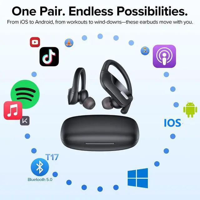 Alt view image 7 of 7 - AUTYUE Wireless Ear Hook Sport Earbuds, Bluetooth Headphones with Mic, IPX5 Waterproof, True Wireless Earbuds, 80H Playtime, Deep Bass, Secure Fit for Running Gym Workout - Black