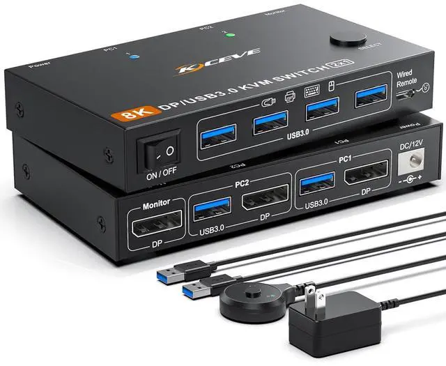 Main image of AUTYUE KVM Switch 2 Computer 1 Monitor Displayport 4K@240Hz 8K@60Hz, USB 3.0 KVM Switch Displayport 2.1 for 2 PC Share 4 USB3.0 Devices Keyboard Mouse, with USB 3.0 Cable,Wired Remote and Power Supply