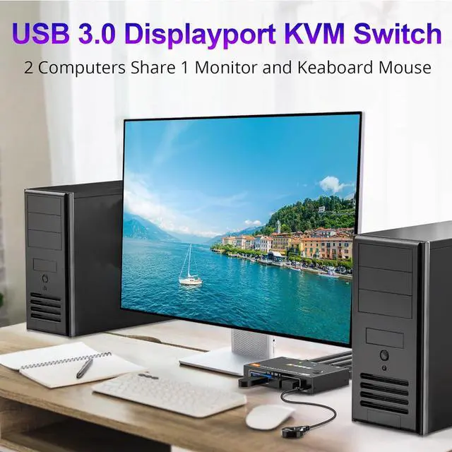 Alt view image 2 of 7 - AUTYUE KVM Switch 2 Computer 1 Monitor Displayport 4K@240Hz 8K@60Hz, USB 3.0 KVM Switch Displayport 2.1 for 2 PC Share 4 USB3.0 Devices Keyboard Mouse, with USB 3.0 Cable,Wired Remote and Power Supply