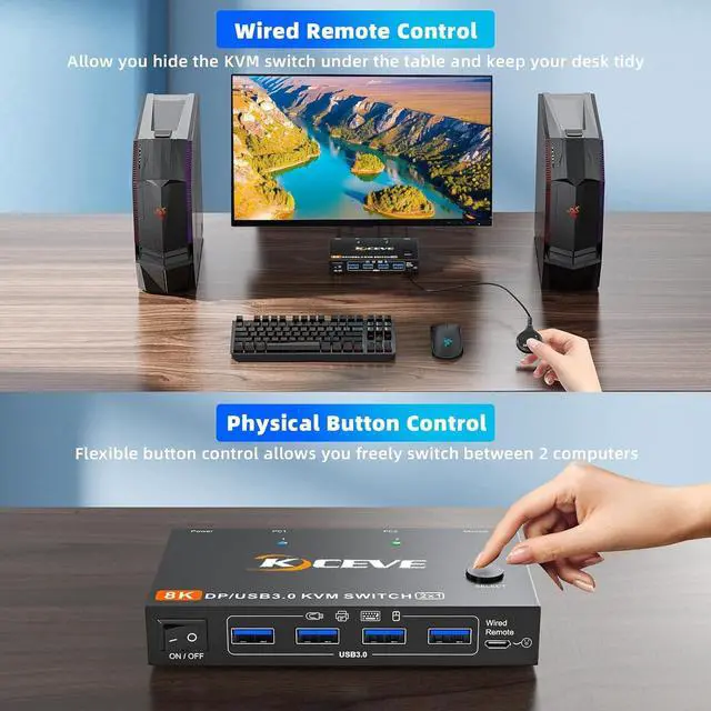 Alt view image 4 of 7 - AUTYUE KVM Switch 2 Computer 1 Monitor Displayport 4K@240Hz 8K@60Hz, USB 3.0 KVM Switch Displayport 2.1 for 2 PC Share 4 USB3.0 Devices Keyboard Mouse, with USB 3.0 Cable,Wired Remote and Power Supply