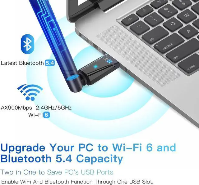 Alt view image 2 of 7 - AUTYUE 2-in-1 Wi-Fi 6 Bluetooth 5.4 USB Adapter for PC Laptop, 5dBi High Gain AX900 2.4G/5GHz Wireless WiFi Network Dongle Auto-Driver for Windows 11 10 Desktop, Plug n Pair Headset, Keyboard, Mice