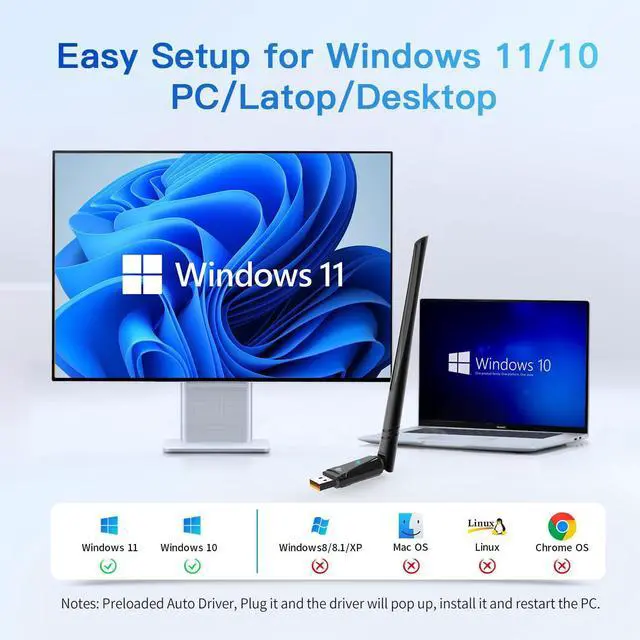 Alt view image 6 of 7 - AUTYUE 2-in-1 Wi-Fi 6 Bluetooth 5.4 USB Adapter for PC Laptop, 5dBi High Gain AX900 2.4G/5GHz Wireless WiFi Network Dongle Auto-Driver for Windows 11 10 Desktop, Plug n Pair Headset, Keyboard, Mice