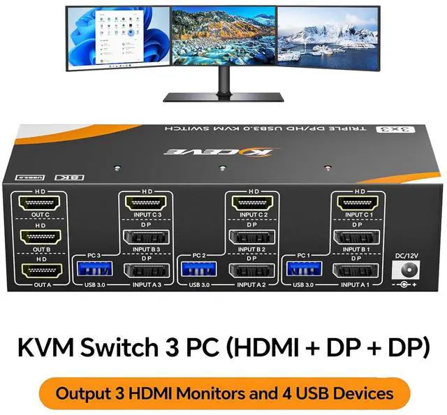 Main image of AUTYUE USB 3.0 HDMI + 2 Displayport KVM Switch 3 Monitors 3 Computers, Triple Monitor HDMI KVM Switch 8K@60Hz 4K@144Hz for 3 Computers Share Mouse Keyboard, Wired Remote and Power Adapter