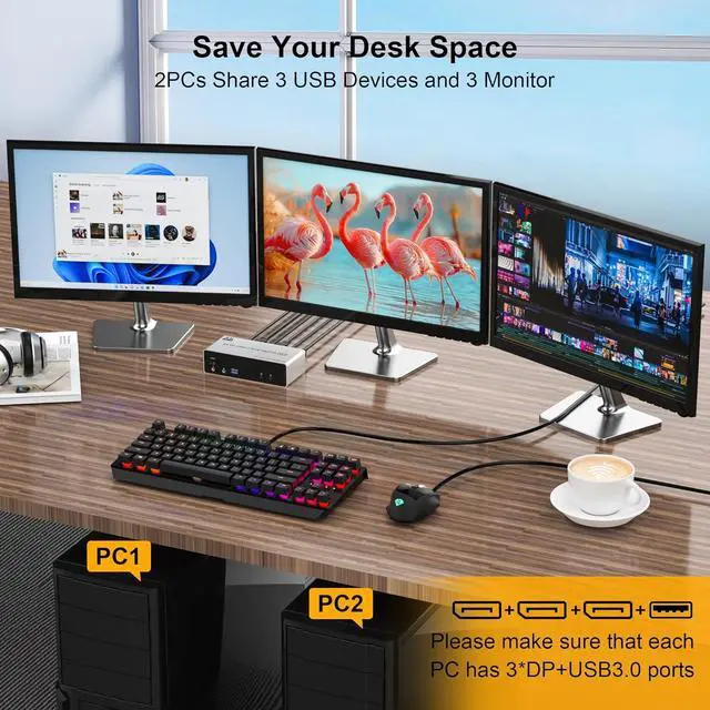 Alt view image 3 of 7 - AUTYUE 8K@60Hz Displayport KVM Switch 3 Monitors 2 Computers 4K@144Hz, Triple Monitor DP KVM Switch for 2 Computer Share 3 Monitor, Audio Mic Port and 3 USB3.0 Devices, Wired Remote & 5V Power Adapter