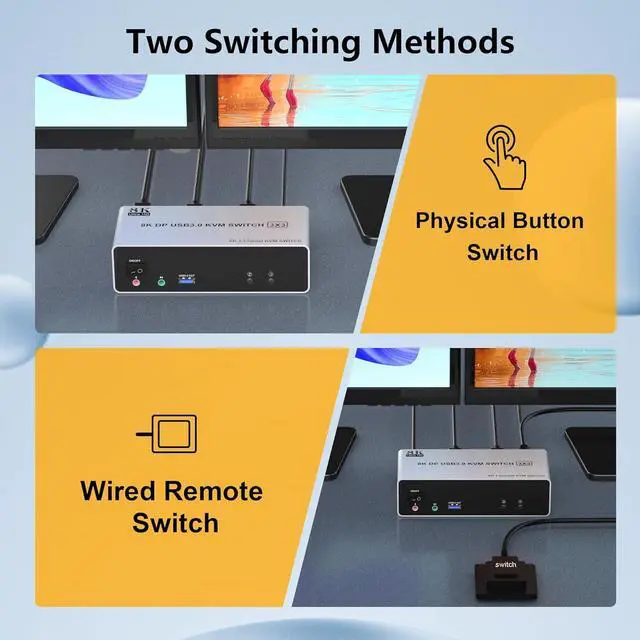 Alt view image 7 of 7 - AUTYUE 8K@60Hz Displayport KVM Switch 3 Monitors 2 Computers 4K@144Hz, Triple Monitor DP KVM Switch for 2 Computer Share 3 Monitor, Audio Mic Port and 3 USB3.0 Devices, Wired Remote & 5V Power Adapter