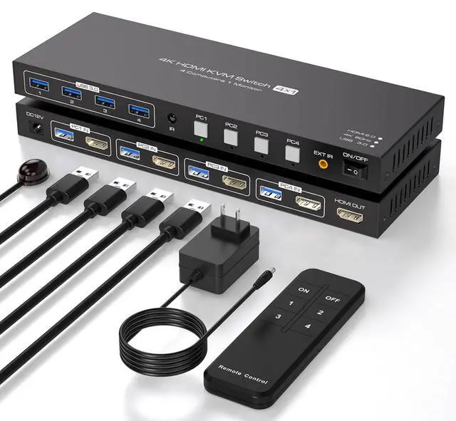 Main image of AUTYUE 4 in 1 Out HDMI KVM Switch 4 Computers 1 Monitor, 4K@60Hz 4 Port HDMI USB 3.0 KVM Switches Support 4PC Share 1 Monitor and Four USB Devices with 4 USB 3.0 Cables and Remote Control