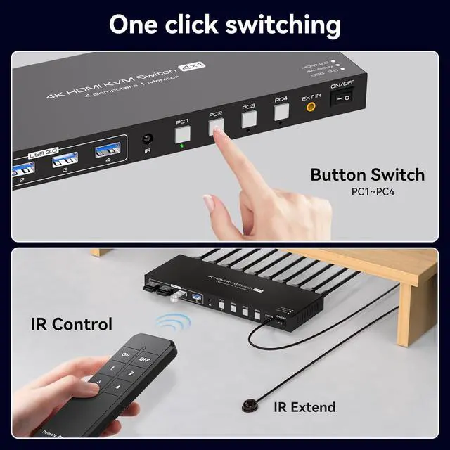 Alt view image 4 of 7 - AUTYUE 4 in 1 Out HDMI KVM Switch 4 Computers 1 Monitor, 4K@60Hz 4 Port HDMI USB 3.0 KVM Switches Support 4PC Share 1 Monitor and Four USB Devices with 4 USB 3.0 Cables and Remote Control