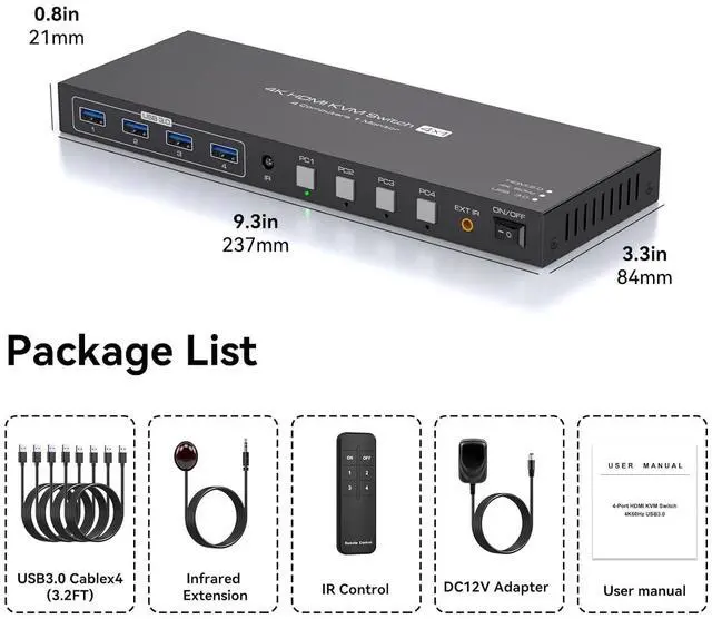 Alt view image 7 of 7 - AUTYUE 4 in 1 Out HDMI KVM Switch 4 Computers 1 Monitor, 4K@60Hz 4 Port HDMI USB 3.0 KVM Switches Support 4PC Share 1 Monitor and Four USB Devices with 4 USB 3.0 Cables and Remote Control