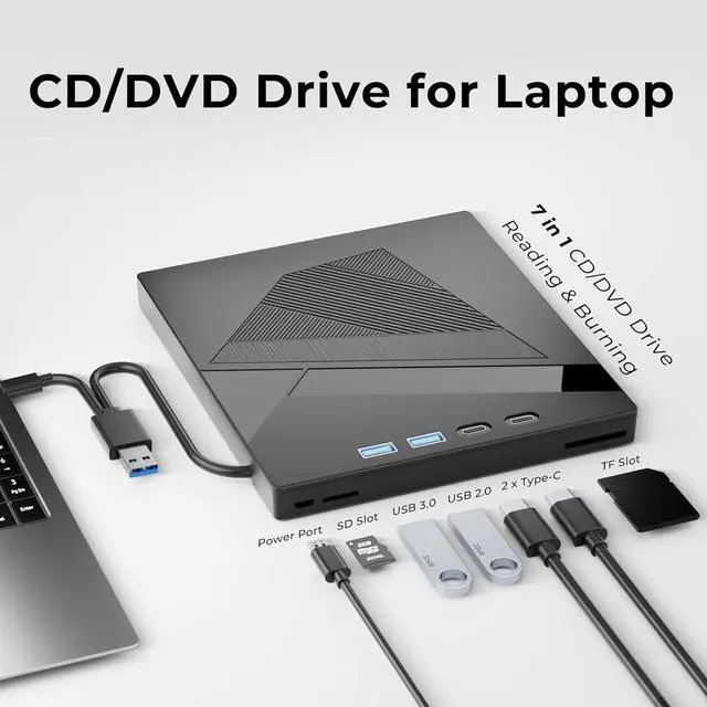 Alt view image 3 of 7 - AUTYUE External DVD Drive, 7-in-1 External CD/DVD Drive for Laptop, USB DVD Burner with SD/TF Port, USB 3.0&Type-C CD ROM External Drive for Laptop Desktop PC Windows XP/7/8/10 Linux MacOS