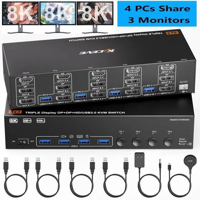 Main image of AUTYUE KVM Switch 3 Monitors 4 Computers 8K@60Hz 4K@144Hz, HDMI + 2 Displayport Triple Monitor KVM Switch with 4 USB Ports for Keyboard Mouse,Support Extended/Copy Mode, with Wired Remote & USB Cables