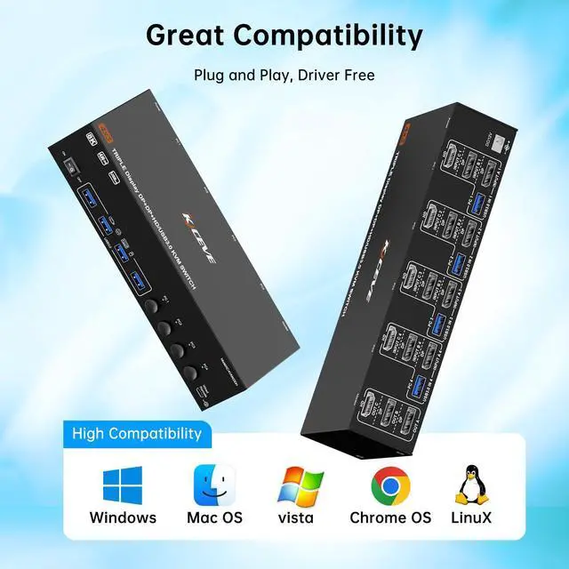Alt view image 7 of 7 - AUTYUE KVM Switch 3 Monitors 4 Computers 8K@60Hz 4K@144Hz, HDMI + 2 Displayport Triple Monitor KVM Switch with 4 USB Ports for Keyboard Mouse,Support Extended/Copy Mode, with Wired Remote & USB Cables