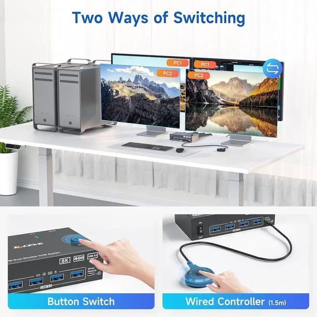 Alt view image 6 of 7 - AUTYUE 2 Port HDMI Displayport KVM Switch 2 Monitors 2 Computers, 4K@144Hz 8K@60Hz Dual Monitor KVM Switch for 2 PC Share 2 Screens & 4 USB3.0 Devices, Wired Remote, Power Adapter & USB Cable Included