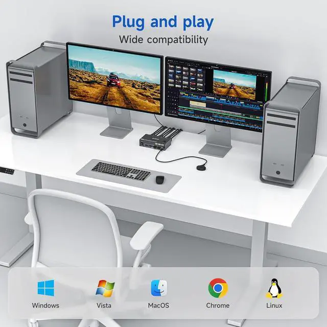 Alt view image 7 of 7 - AUTYUE 2 Port HDMI Displayport KVM Switch 2 Monitors 2 Computers, 4K@144Hz 8K@60Hz Dual Monitor KVM Switch for 2 PC Share 2 Screens & 4 USB3.0 Devices, Wired Remote, Power Adapter & USB Cable Included