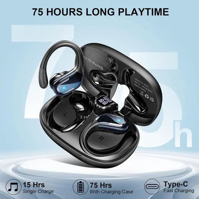 Alt view image 4 of 7 - AUTYUE Wireless Earbuds, 75hrs Bluetooth 5.4 Headphone Sport, 2025 Bluetooth Earbuds Deep Bass Over Ear Buds with Earhooks, ENC Noise Cancelling Earphone Mic, IPX8 Waterproof for Workout/Running/Gym