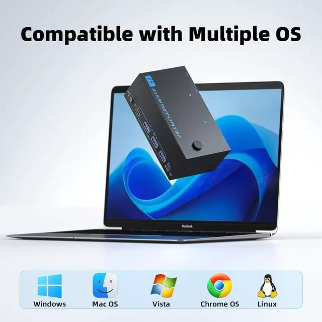 Alt view image 6 of 7 - AUTYUE 8K HDMI KVM Switch 3 Monitors 2 Computers 3 Port HDMI Dual PC Triple Monitor 2 PC 8K@60Hz/4K@120Hz 2 in 3 Out USB 3.0 KVM Switches, Wired Remote & USB 3.0 Cables & Power Cable Included