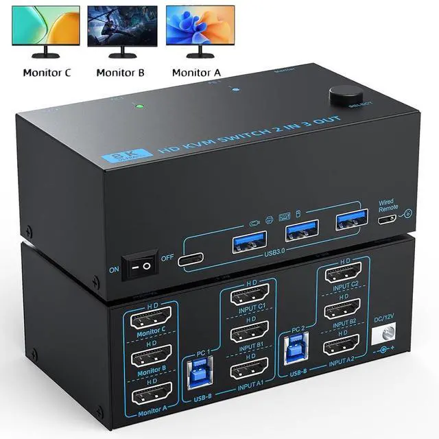 Main image of AUTYUE 8K HDMI KVM Switch 3 Monitors 2 Computers 3 Port HDMI Dual PC Triple Monitor 2 PC 8K@60Hz/4K@120Hz 2 in 3 Out USB 3.0 KVM Switches, Wired Remote & USB 3.0 Cables & Power Cable Included
